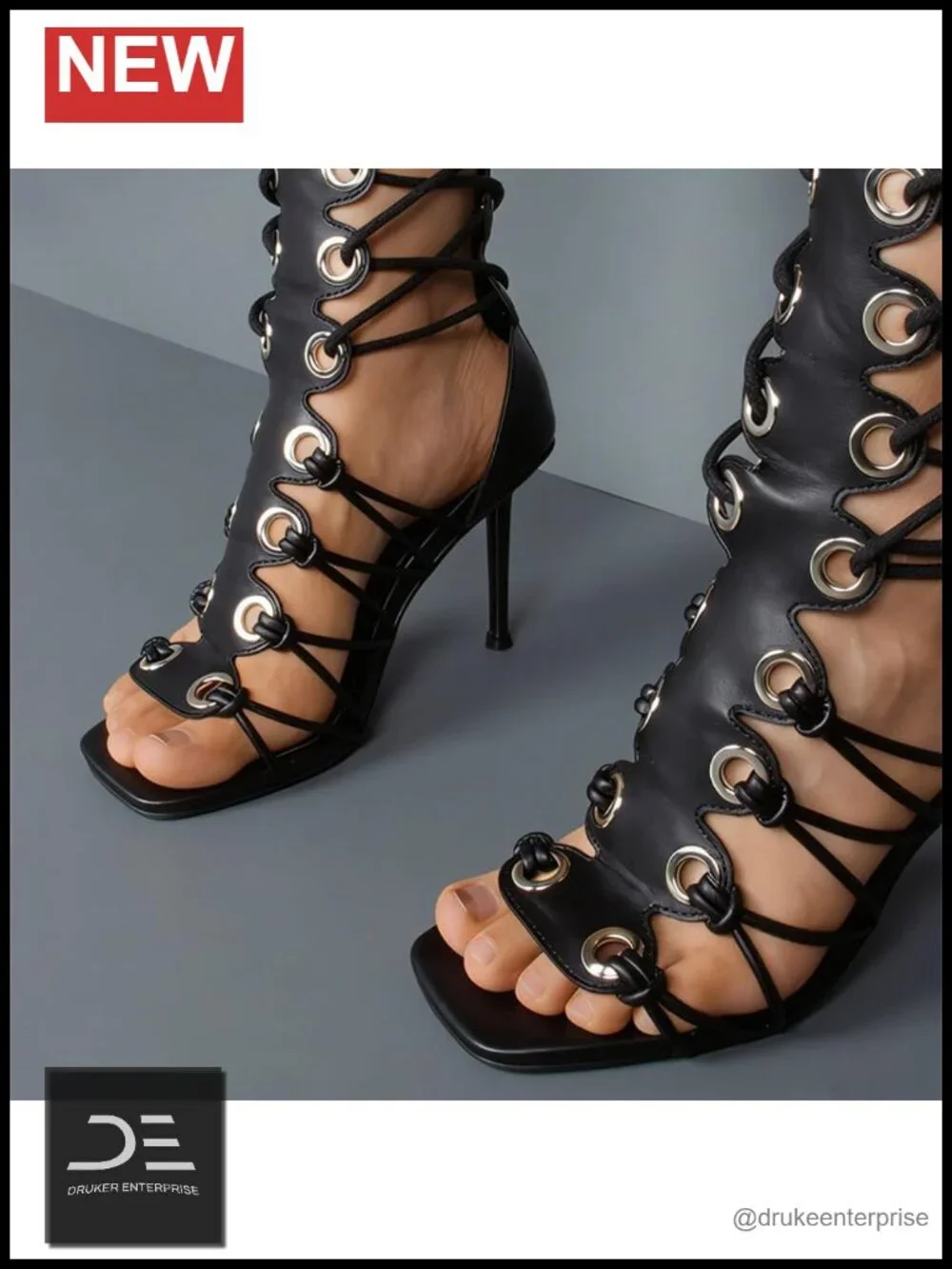Women's Knee High Gladiator Heels Peep Toe Lace Up Sandals Square Toe Stiletto